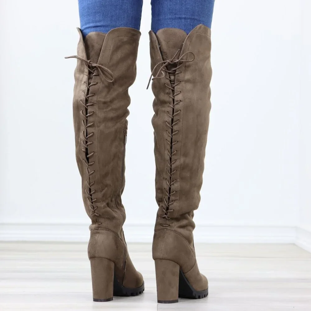 Taupe Over Knee Boots Suede Chunky Heel Lace Up Back Zip Rugged Sole